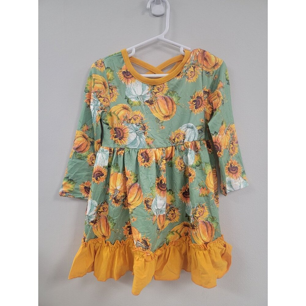 Girls Long Sleeve Pumpkin Sunflower Dress With Ruffle Hem 2T